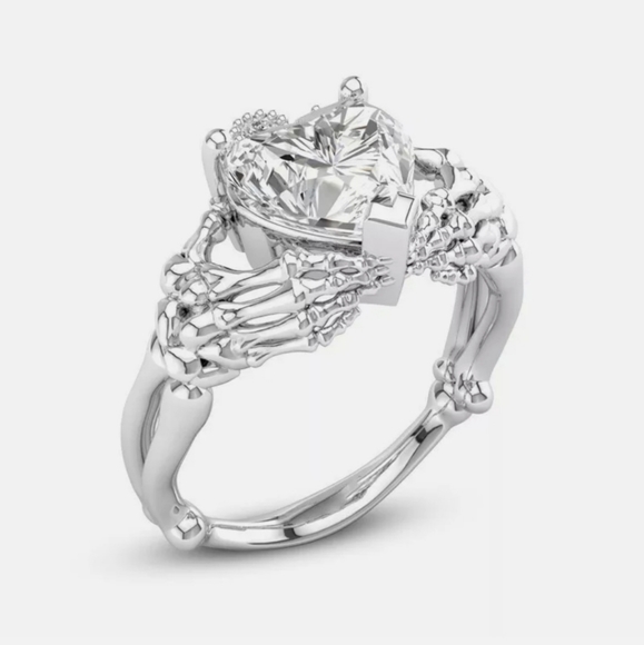 New Heart Shaped White Topaz Skeleton Hands Claddagh Ring. - Picture 5 of 10